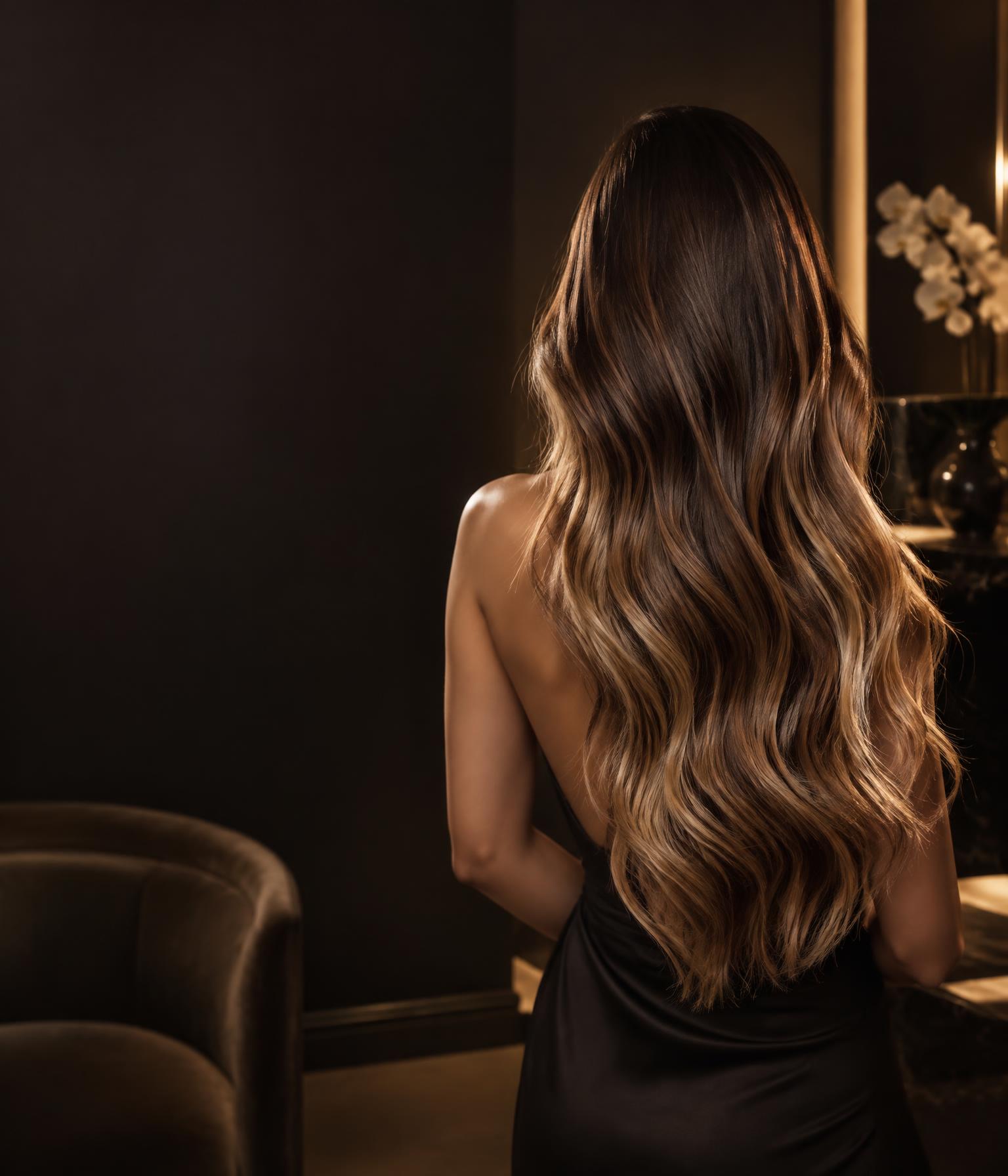 Imagem editorial de cabelo longo castanho iluminado